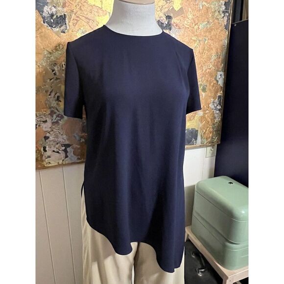 St. John Womens Small Dressy Top Navy Blue Asymmetrical Hem Short Sleeves Flowy - Picture 2 of 11